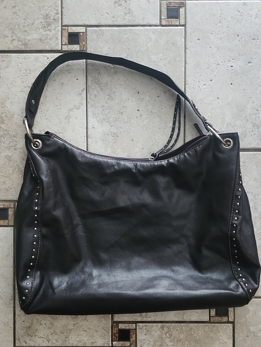 Chinese Laundry Dark Brown Faux Leather Stud-Trim Slouchy Hobo Shoulder Bag